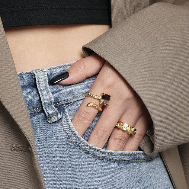 Lovcia Gold Tone Irregular Geometry 925 Ring Adjustable-Rings-Yellow Gold-Yellow Gold