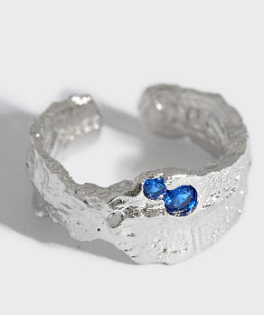 Lovcia Gold Tone Irregular Texture Blue CZ Ring Adjustable-Rings-Silver-Silver