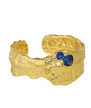 Lovcia Gold Tone Irregular Texture Blue CZ Ring Adjustable-Rings-Yellow Gold-