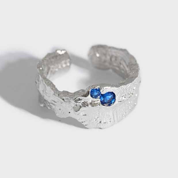 Lovcia Gold Tone Irregular Texture Blue CZ Ring Adjustable-Rings-Yellow Gold-Yellow Gold