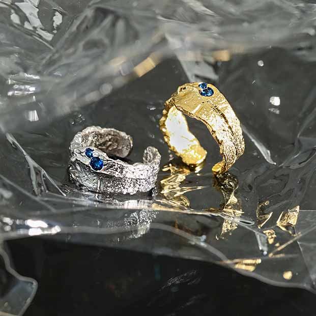 Lovcia Gold Tone Irregular Texture Blue CZ Ring Adjustable-Rings-Yellow Gold-Yellow Gold