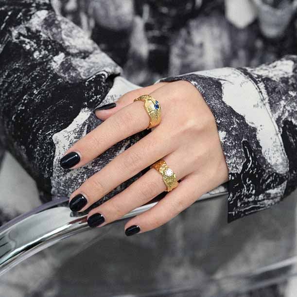 Lovcia Gold Tone Irregular Texture Blue CZ Ring Adjustable-Rings-Yellow Gold-Yellow Gold