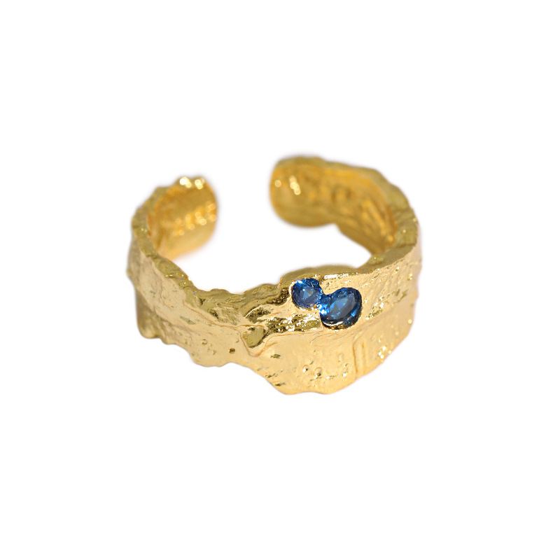 Lovcia Gold Tone Irregular Texture Blue CZ Ring Adjustable-Rings-Yellow Gold-Yellow Gold