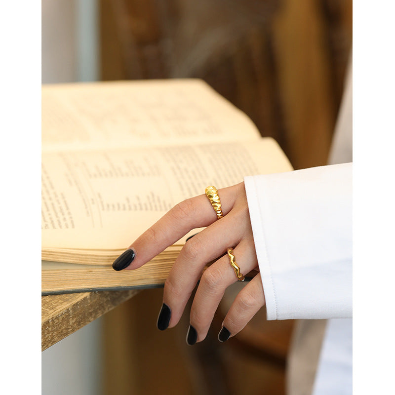 Lovcia Gold Tone Irregular Wave 925 Sterling Adjustable Ring-Rings-Yellow Gold-Yellow Gold