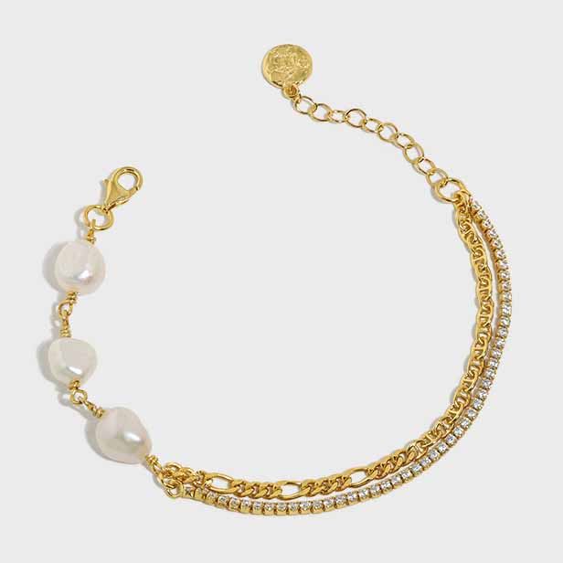 Lovcia Gold Tone Natural Pearl Bracelet Three 7.5mm Pearls-Bracelets-Yellow Gold-Yellow Gold