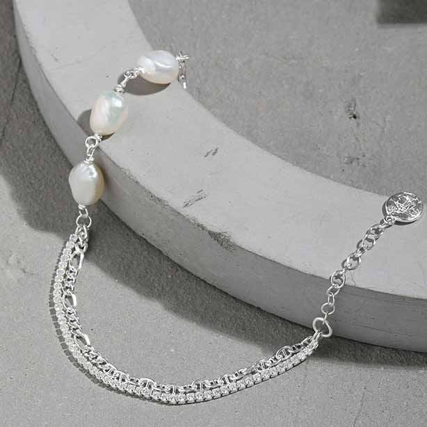 Lovcia Gold Tone Natural Pearl Bracelet Three 7.5mm Pearls-Bracelets-Yellow Gold-Yellow Gold