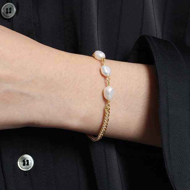 Lovcia Gold Tone Natural Pearl Bracelet Three 7.5mm Pearls-Bracelets-Yellow Gold-Yellow Gold