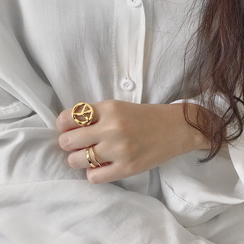 Lovcia Gold Tone Peace Sign Adjustable Ring Sterling Silver-Rings-Yellow Gold-Yellow Gold