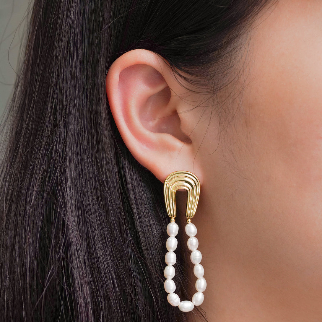 Lovcia Gold Tone Pearl U Shape Earrings 18K Plated 58mm-Earrings-
