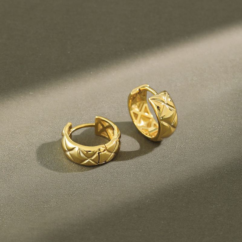 Lovcia Gold Tone Rhombus Pattern Huggie Hoop Earrings 11mm-Earrings-Yellow Gold-Yellow Gold