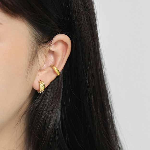Lovcia Gold Tone Rhombus Pattern Huggie Hoop Earrings 11mm-Earrings-Yellow Gold-Yellow Gold