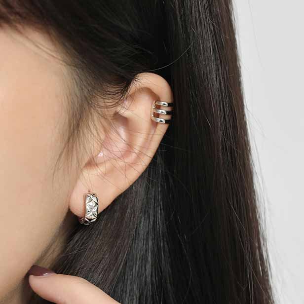 Lovcia Gold Tone Rhombus Pattern Huggie Hoop Earrings 11mm-Earrings-Yellow Gold-Yellow Gold