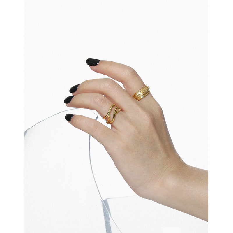 Lovcia Gold Tone River Wave 925 Sterling Adjustable Ring-Rings-Yellow Gold-Yellow Gold