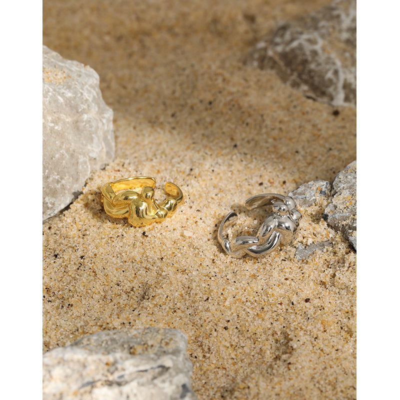 Lovcia Gold Tone Sea Wave Ring 925 Silver Adjustable-Rings-Yellow Gold-Yellow Gold