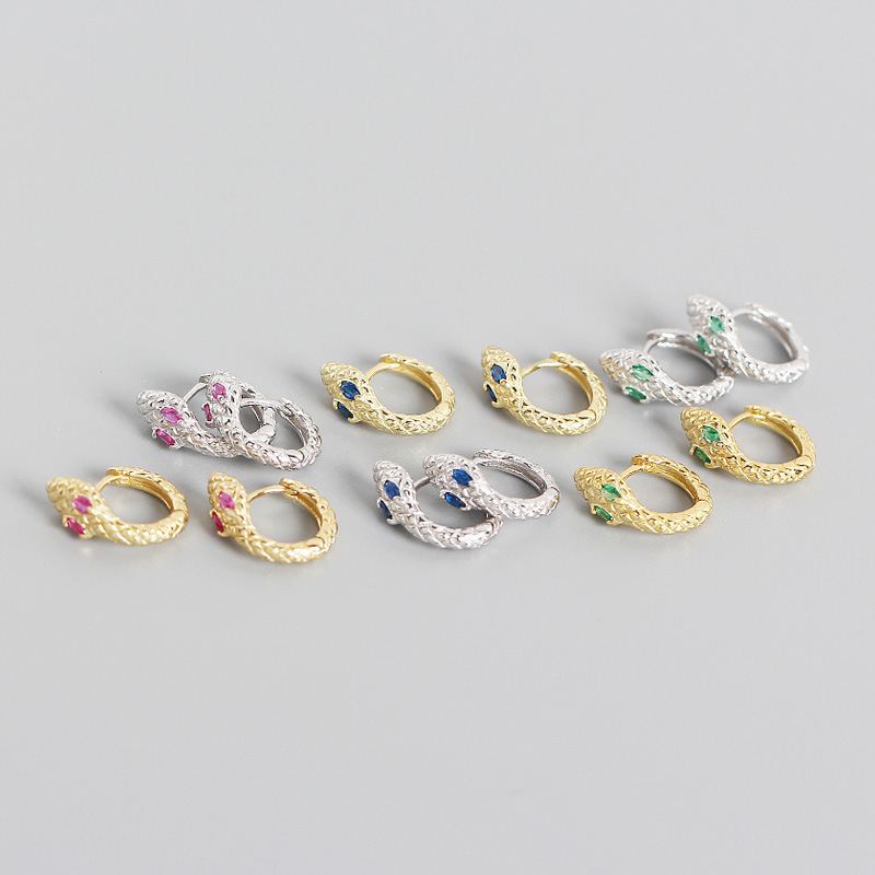 Lovcia Gold Tone Snake Hoop Earrings 13.8mm 12mm CZ-Earrings-Yellow Gold & Pink Cz-Yellow Gold & Pink Cz