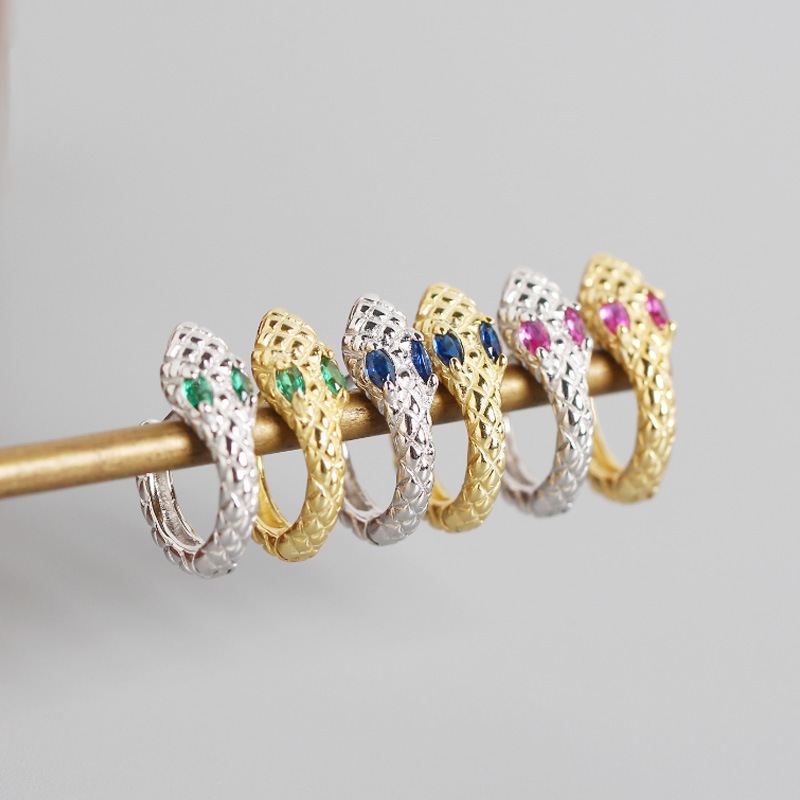 Lovcia Gold Tone Snake Hoop Earrings 13.8mm 12mm CZ-Earrings-Yellow Gold & Pink Cz-Yellow Gold & Pink Cz