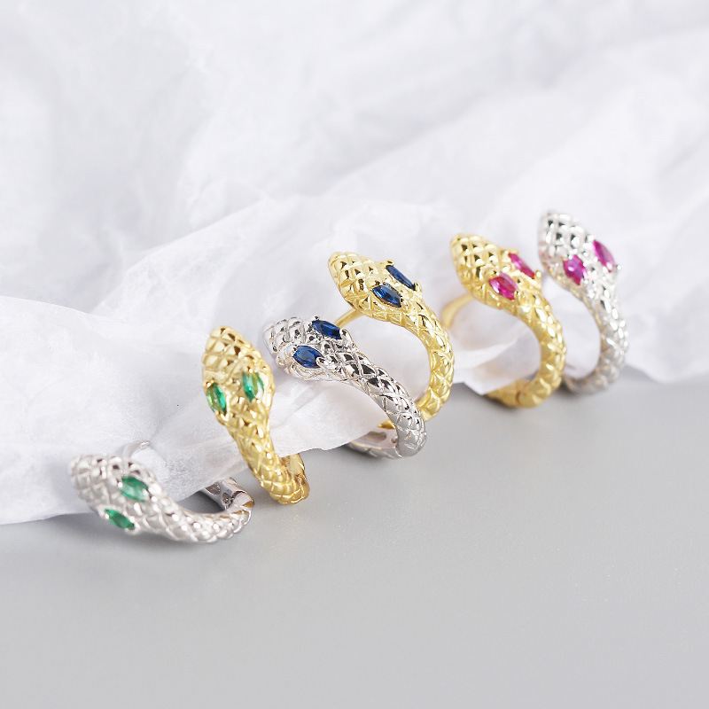 Lovcia Gold Tone Snake Hoop Earrings 13.8mm 12mm CZ-Earrings-Yellow Gold & Pink Cz-Yellow Gold & Pink Cz
