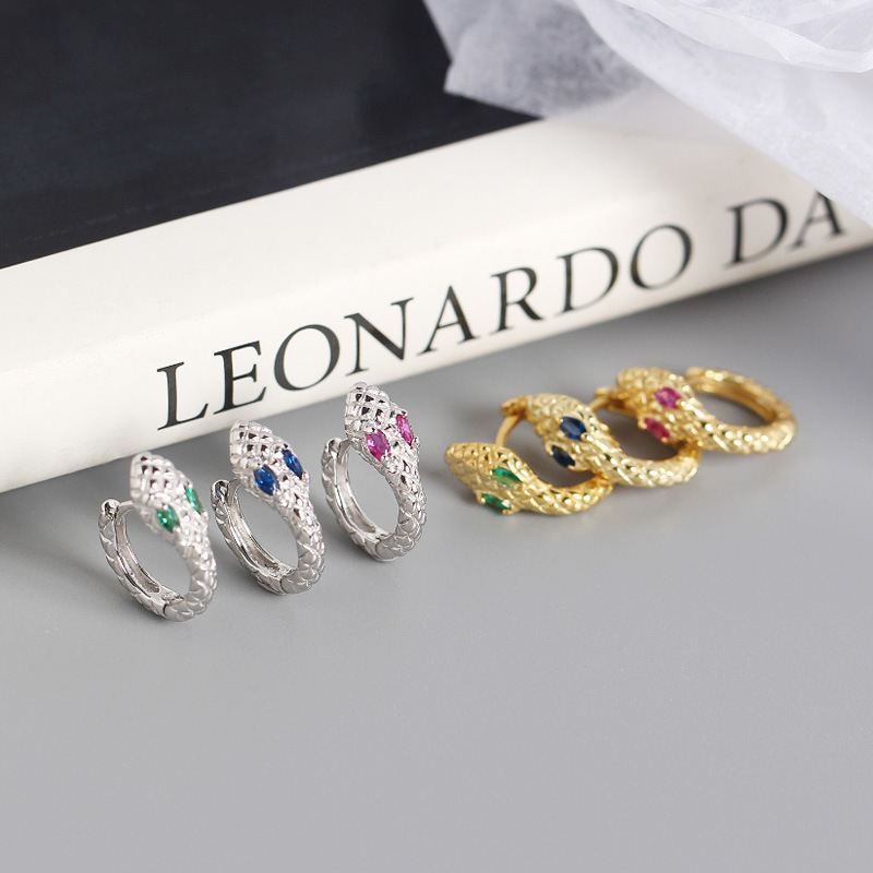 Lovcia Gold Tone Snake Hoop Earrings 13.8mm 12mm CZ-Earrings-Yellow Gold & Pink Cz-Yellow Gold & Pink Cz