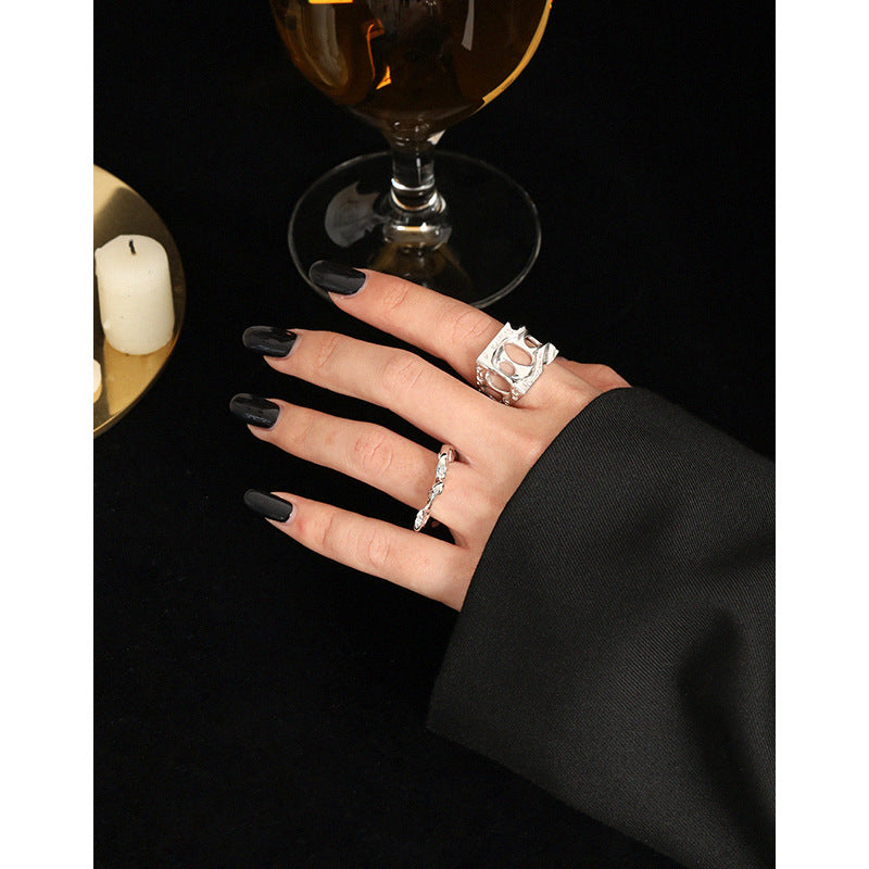 Lovcia Gold Tone Sterling Hollow Adjustable Ring Open Size-Rings-Rhodium-Rhodium