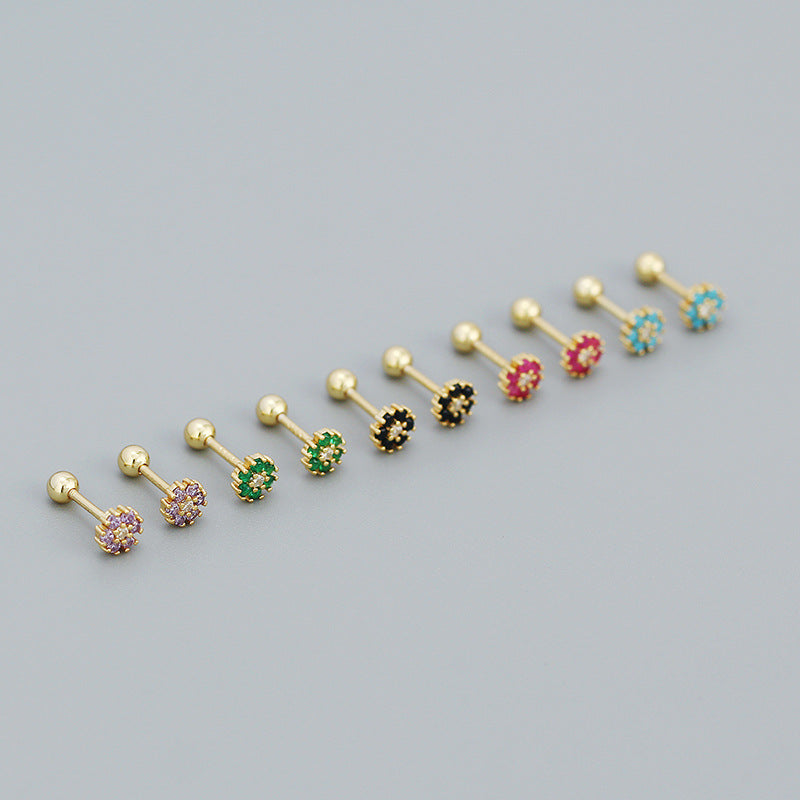 Lovcia Gold Tone Turquoise Flower CZ Stud Earrings 4.6mm-Earrings-Yellow Gold & Turquoise-Yellow Gold & Turquoise