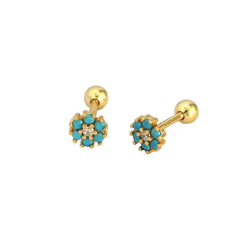 Lovcia Gold Tone Turquoise Flower CZ Stud Earrings 4.6mm-Earrings-Yellow Gold & Turquoise-Yellow Gold & Turquoise