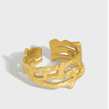 Lovcia Gold Tone Wide Hollow Branch 925 Ring Adjustable-Rings-Yellow Gold-Yellow Gold