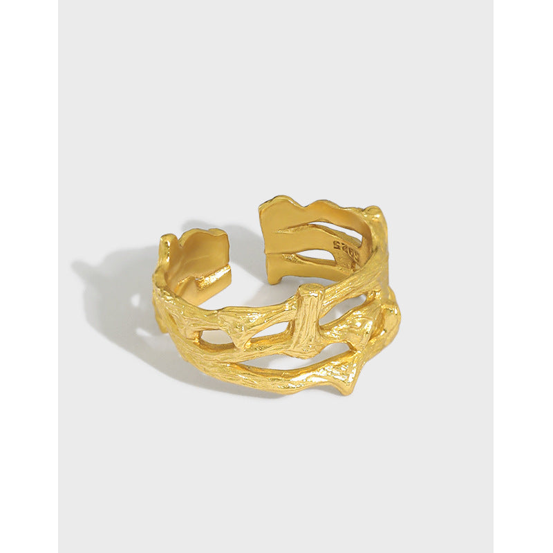 Lovcia Gold Tone Wide Hollow Branch 925 Ring Adjustable-Rings-Yellow Gold-Yellow Gold