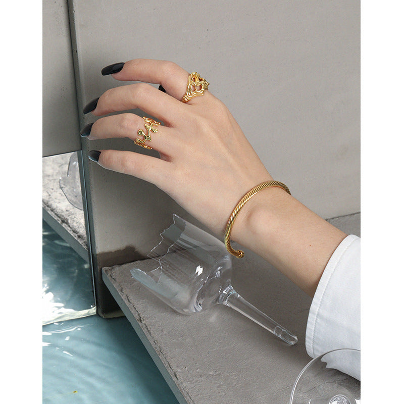 Lovcia Gold Twisted 925 Sterling Silver Open Bangle-Bracelets-Yellow Gold-Yellow Gold
