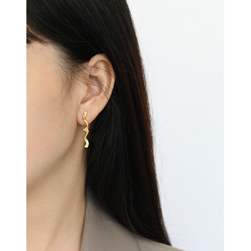 Lovcia Gold Twisted S Shape Dangling Earrings 62mm Long-Earrings-Yellow Gold-Yellow Gold