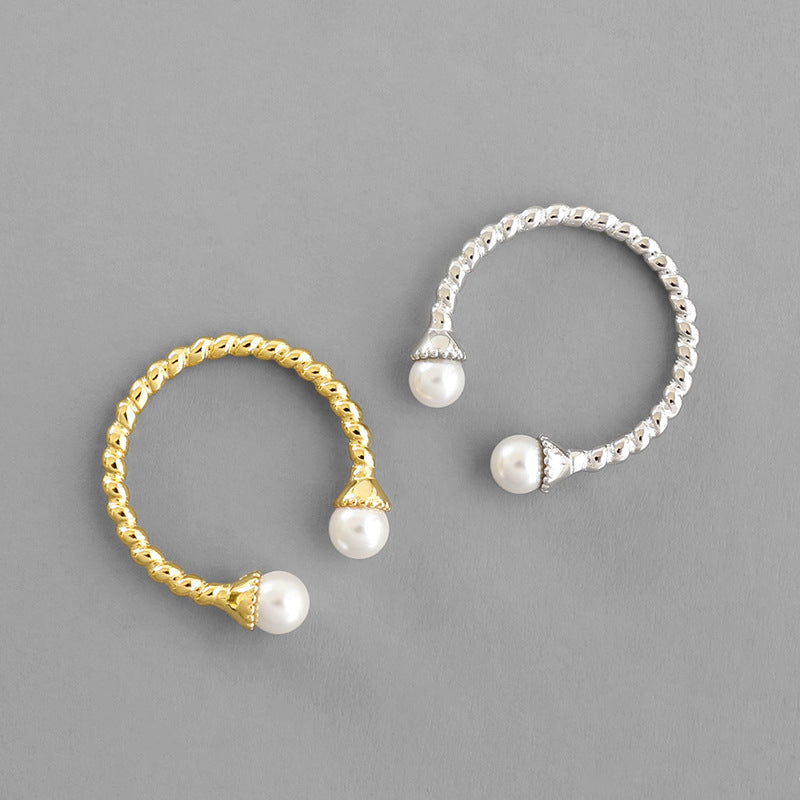 Lovcia Gold Twisted Two Pearl Ring 925 Sterling Adjustable-Rings-Yellow Gold-Yellow Gold