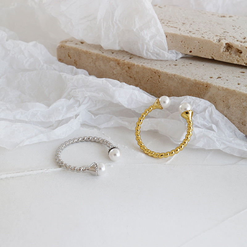 Lovcia Gold Twisted Two Pearl Ring 925 Sterling Adjustable-Rings-Yellow Gold-Yellow Gold