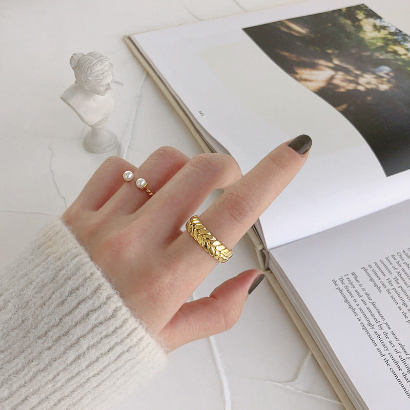 Lovcia Gold Twisted Two Pearl Ring 925 Sterling Adjustable-Rings-Yellow Gold-Yellow Gold