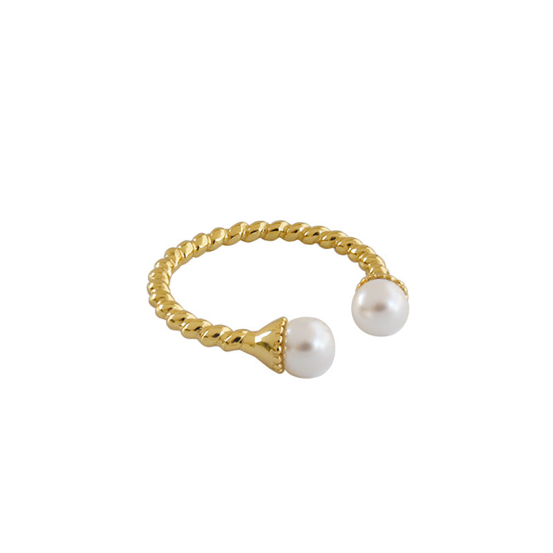 Lovcia Gold Twisted Two Pearl Ring 925 Sterling Adjustable-Rings-Yellow Gold-Yellow Gold