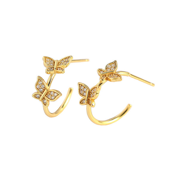 Lovcia Gold Two Butterflies CZ Stud Earrings 13mm 925-Earrings-Yellow Gold-Yellow Gold
