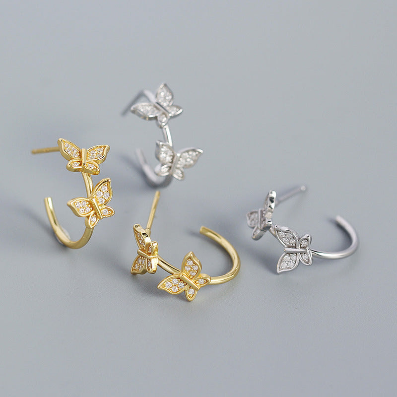 Lovcia Gold Two Butterflies CZ Stud Earrings 13mm 925-Earrings-Yellow Gold-Yellow Gold