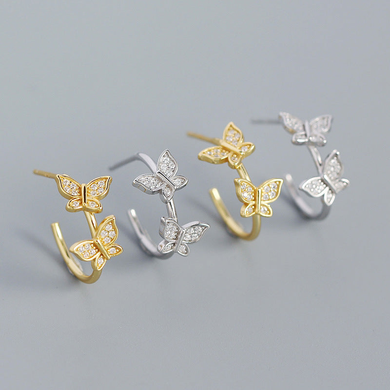 Lovcia Gold Two Butterflies CZ Stud Earrings 13mm 925-Earrings-Yellow Gold-Yellow Gold
