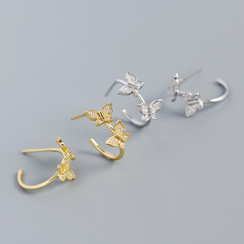 Lovcia Gold Two Butterflies CZ Stud Earrings 13mm 925-Earrings-Yellow Gold-Yellow Gold