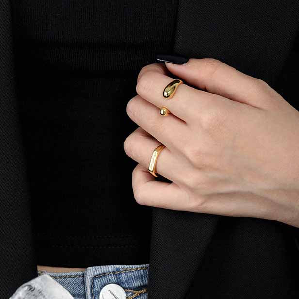 Lovcia Gold Waterdrop 925 Sterling Silver Adjustable Ring-Rings-Yellow Gold-Yellow Gold