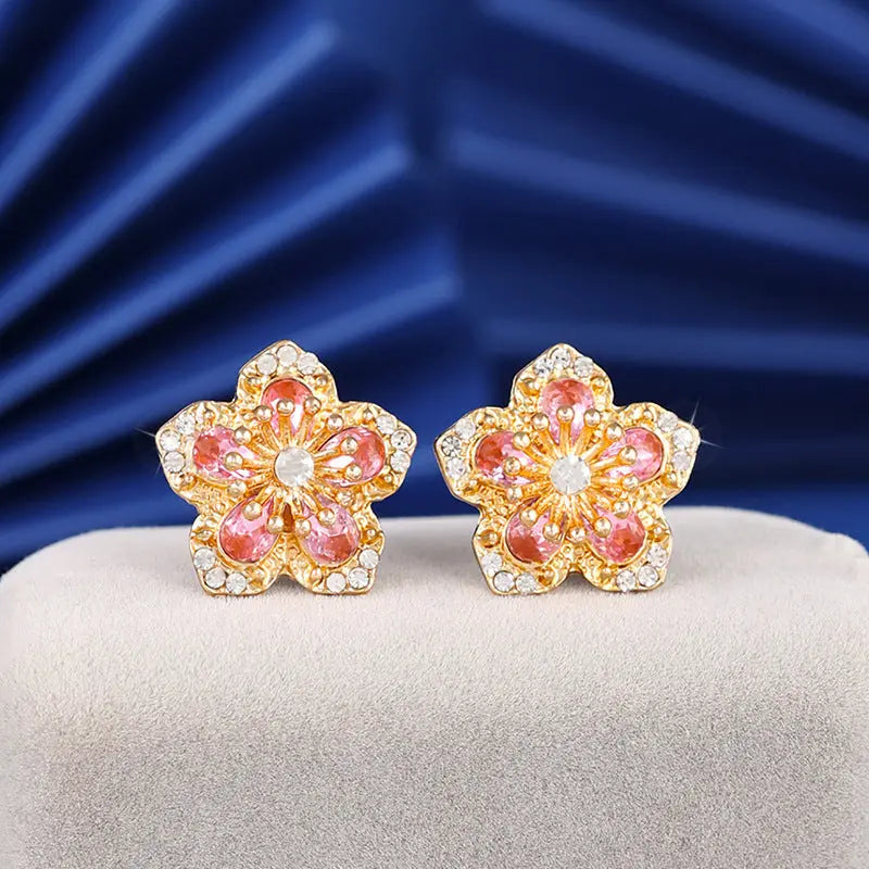 Lovcia Golden Blossom Vintage-Inspired Pink Crystal Flower Stud Earrings for Women-Earrings-Golden L0054-Golden L0054
