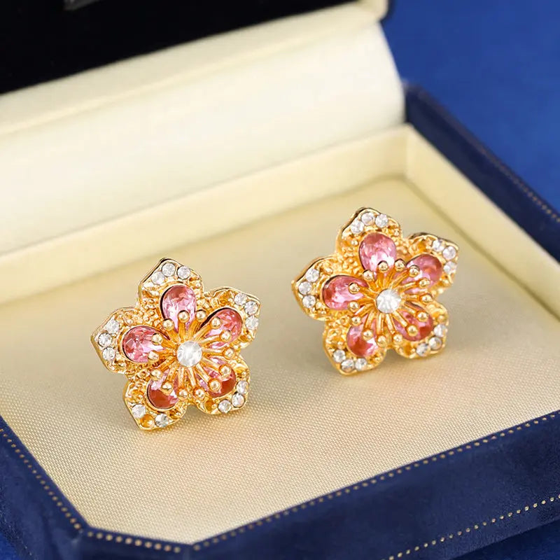 Lovcia Golden Blossom Vintage-Inspired Pink Crystal Flower Stud Earrings for Women-Earrings-Golden L0054-Golden L0054