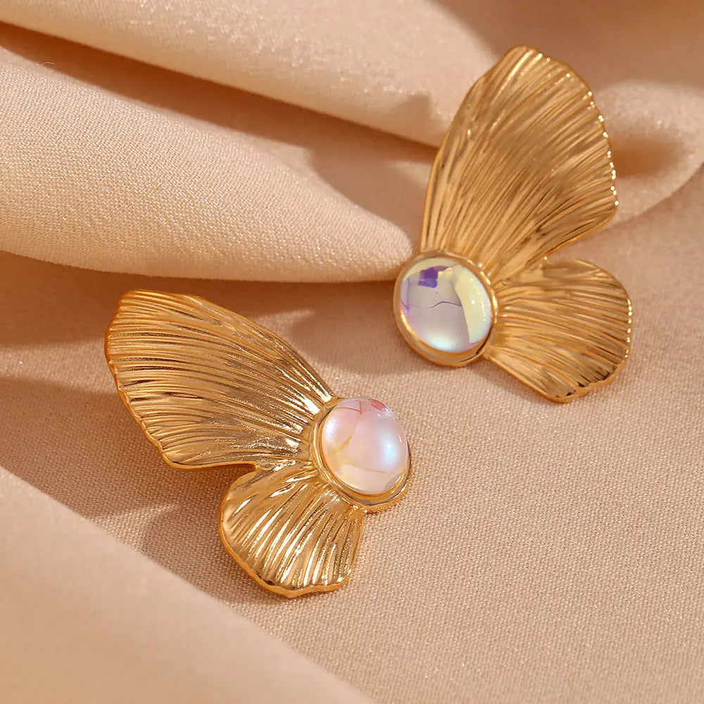 Lovcia Golden Butterfly Wing Stud Stainless Steel Earrings Women with Colorful Crystals-Earrings-Gold-Gold