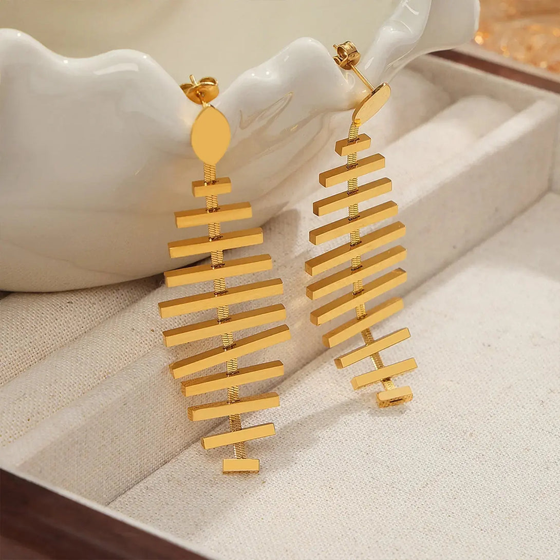 Lovcia Golden Fishbone Titanium Earrings for Women-Earrings-Gold-One Size-Gold