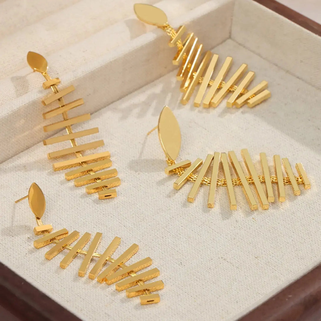 Lovcia Golden Fishbone Titanium Earrings for Women-Earrings-Gold-One Size-Gold