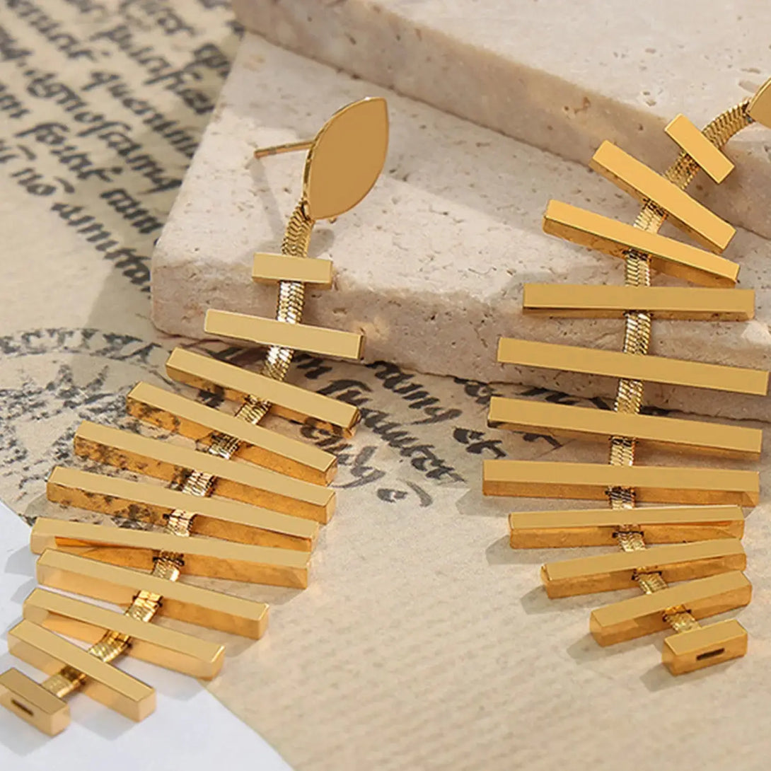 Lovcia Golden Fishbone Titanium Earrings for Women-Earrings-Gold-One Size-Gold