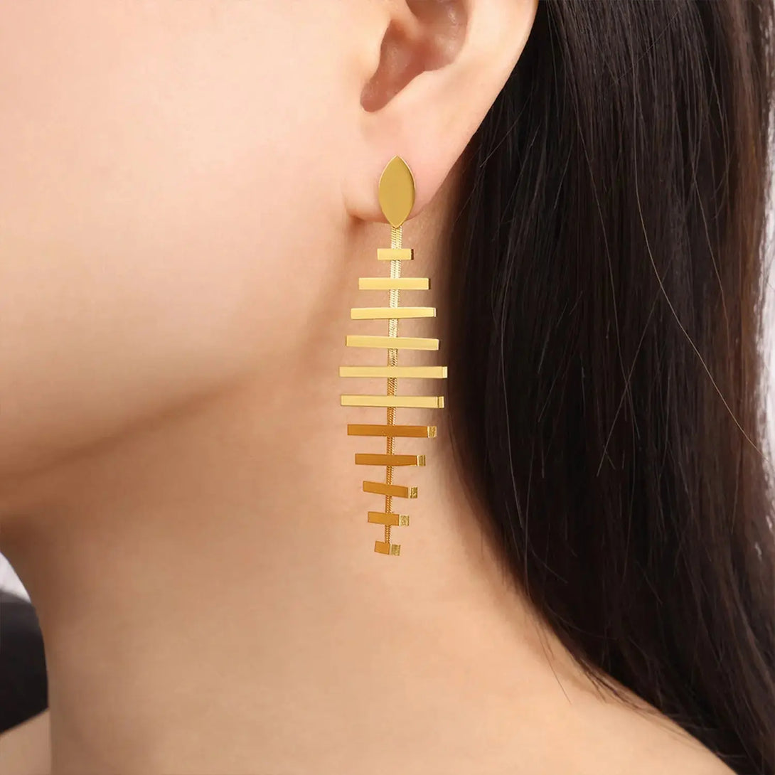 Lovcia Golden Fishbone Titanium Earrings for Women-Earrings-Gold-One Size-Gold