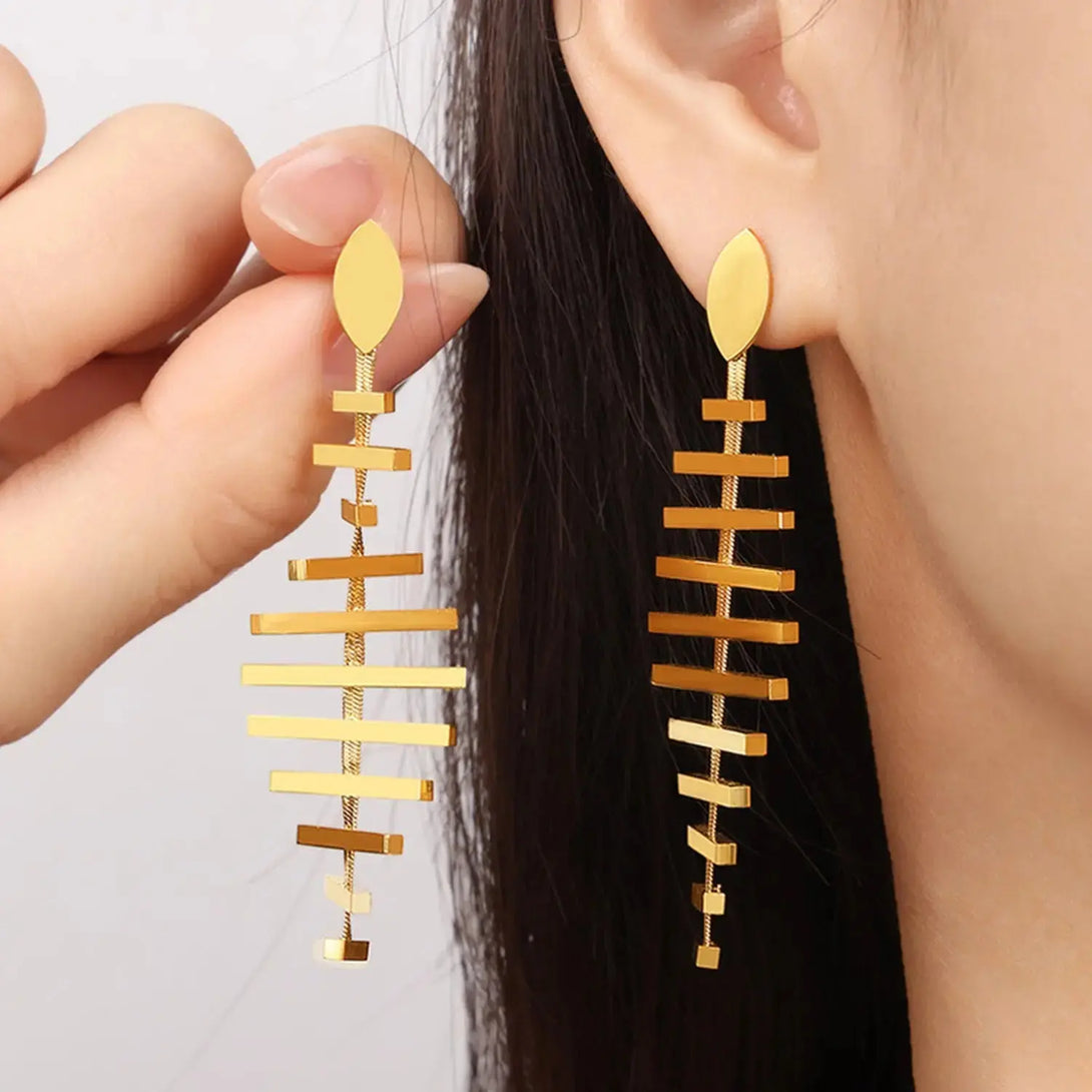 Lovcia Golden Fishbone Titanium Earrings for Women-Earrings-Gold-One Size-Gold