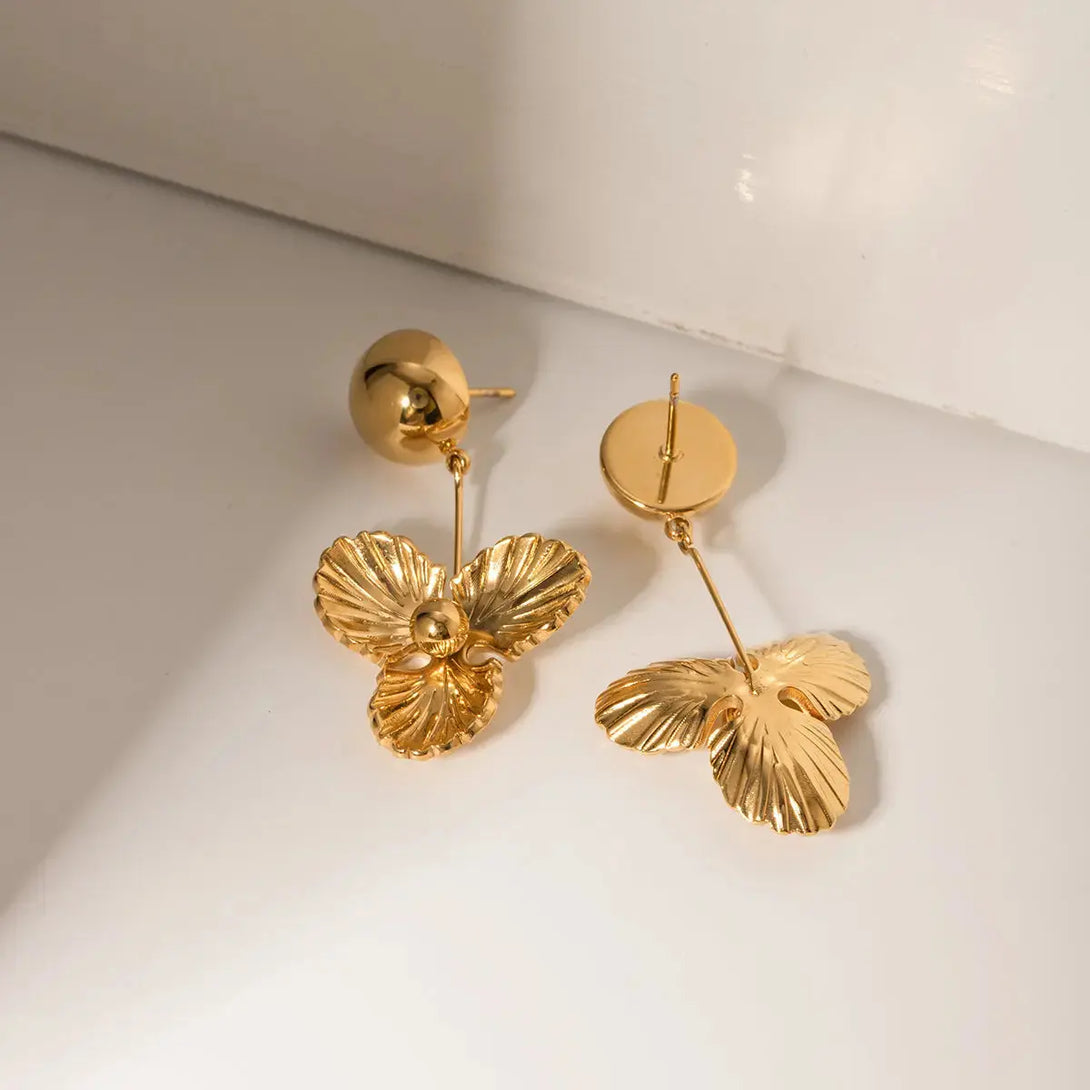 Lovcia Golden-Plated Stainless Steel Floral Drop Earrings for Women-Earrings-Gold-One Size-Gold