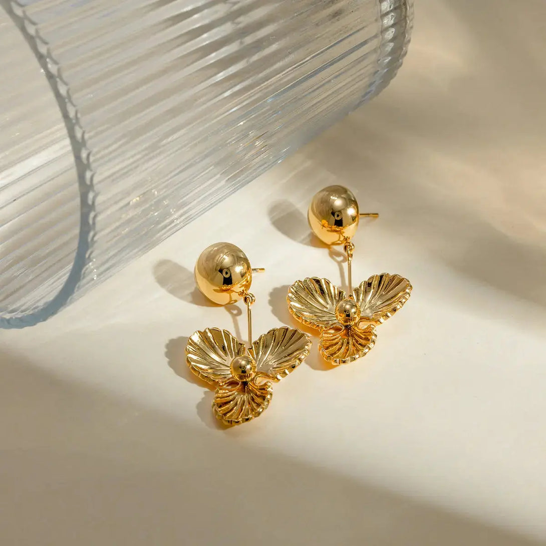 Lovcia Golden-Plated Stainless Steel Floral Drop Earrings for Women-Earrings-Gold-One Size-Gold