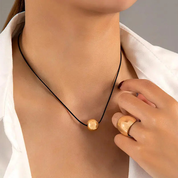 Lovcia Golden Sphere Necklace and Ring Jewellery Set for Women-Necklaces-Gold-Gold