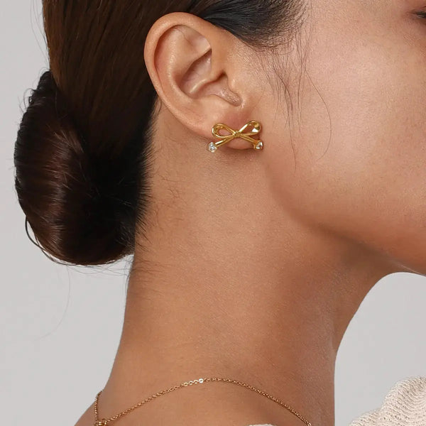 Lovcia Golden Zircon Bow Stainless Steel Earrings for Women-Earrings-Gold-One Size-Gold